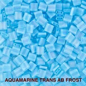 As Low as $2! Aquamarine Trans AB Frosted Miyuki Tila Two Hole Beads 5 x 5mm